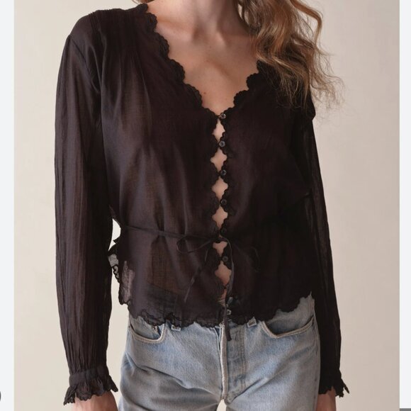 Doen Tops - Doen Black Sheer Scalloped Button-Front Blouse